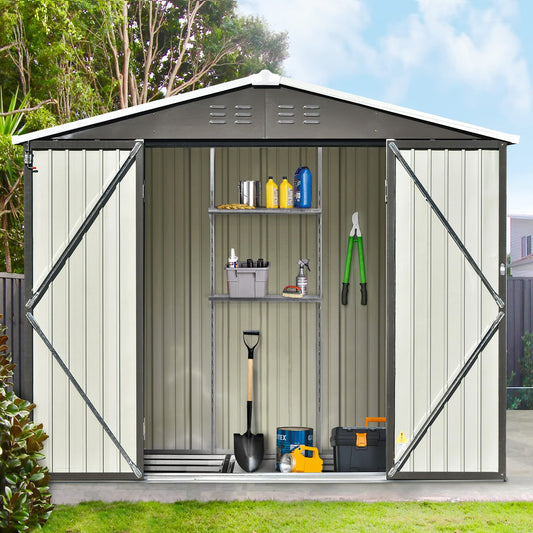 Goohome Sheds & Outdoor Storage, 8ft x6ft Outdoor Storage Shed with Design of Lockable Doors and Air Vent, Stable Steel Shed, Spacious Multipurpose House Garden Tool Storage Shed for Backyard, Lawn B-Gray-a