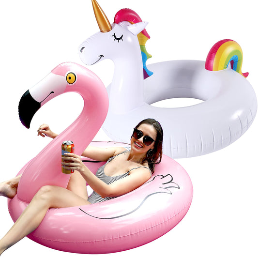 FindUWill 2 Pack 42'' Inflatable Pool Floats Flamingo Unicorn Swim Tube Rings, Beach Floaties, Swimming Toys, Lake and Beach Floaty Summer Toy, Pool Float Raft Lounge for Adults Kids (01) Flamingo and Unicorn Pool Floats