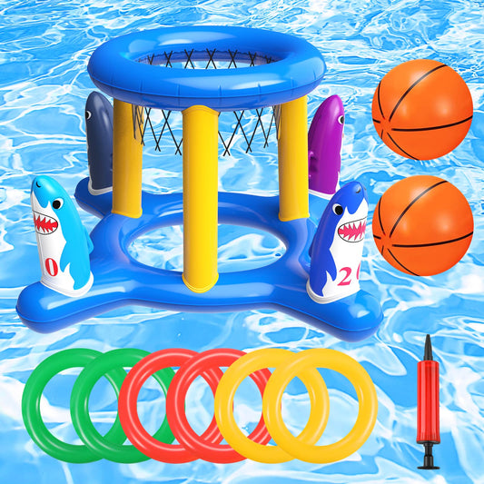 Ensemble de jeux de piscine 2 en 1, cerceau de basket-ball gonflable et jeu de lancer d'anneaux, jouets aquatiques pour enfants adultes famille, accessoires de piscine pour garçons filles