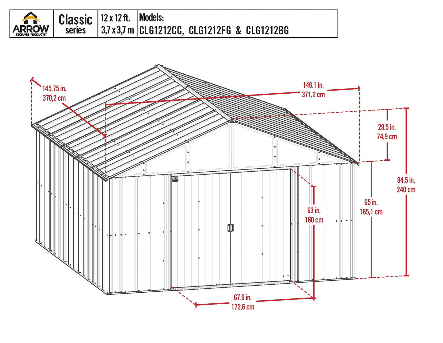 Arrow Sheds Classic 12' x 12' Outdoor Padlockable Steel Storage Shed Building, Charcoal
