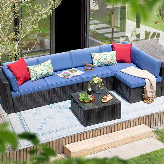 Greesum Ensemble de meubles de patio 6 pièces avec canapé sectionnel en rotin et osier avec coussins, oreillers et table en verre, bleu foncé 6 pièces 