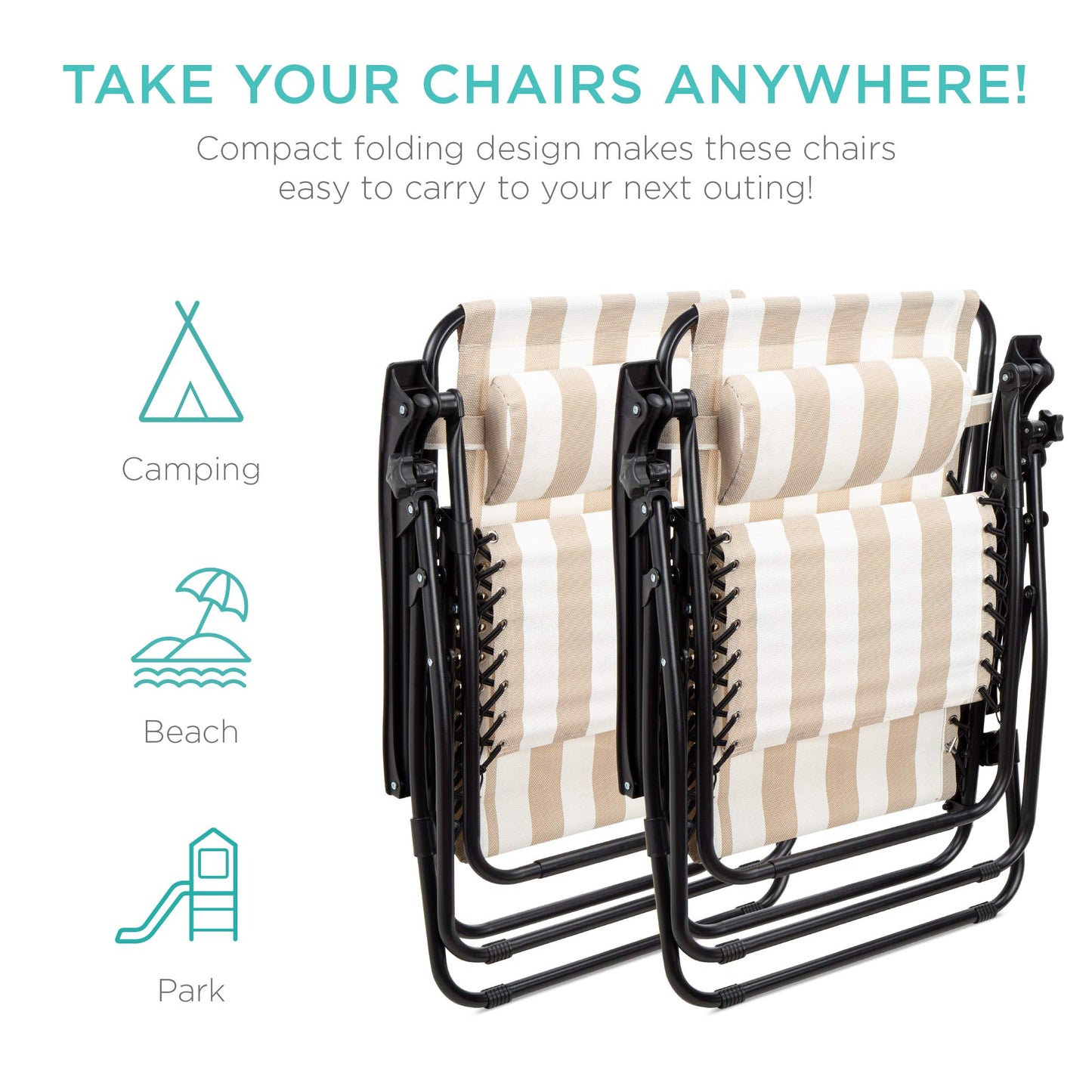 Best Choice Products Lot de 2 fauteuils inclinables réglables en maille d'acier zéro gravité avec oreillers et plateaux porte-gobelets, rayures beiges