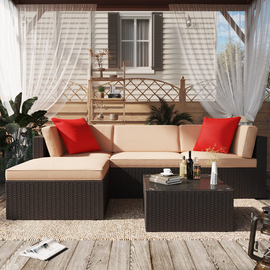 Greesum Ensemble de meubles de patio 5 pièces avec canapé sectionnel en rotin et osier avec coussins, oreillers et table en verre, beige 5 pièces 