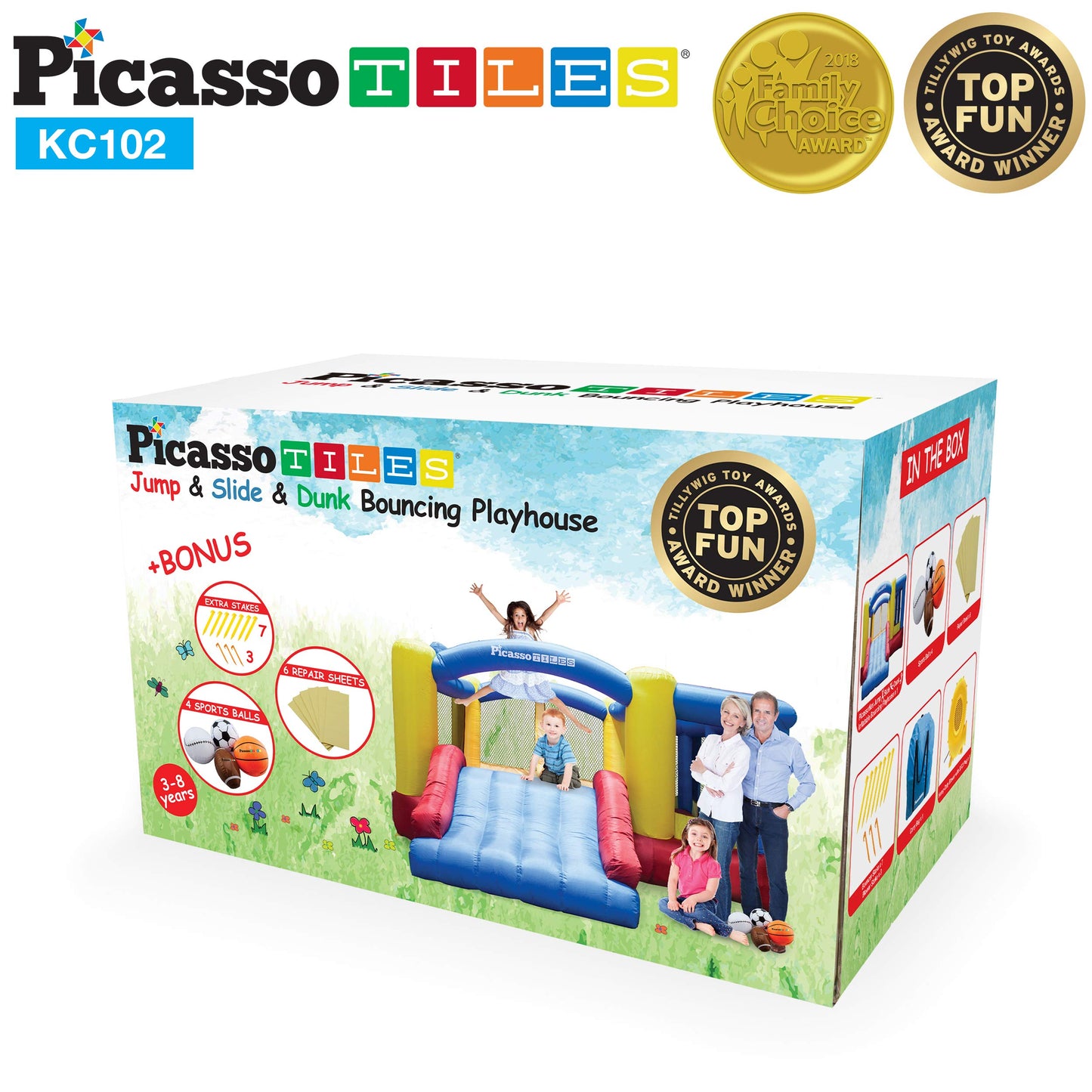 [Version de mise à niveau] Picasso Toys KC102 12 x 10 pieds Gonflable Bouncer Jumping Bouncer House, Jump Slide, Dunk Playhouse w/ Basketball Rim, 4 Sports Balls, Full-Size Entry, 580W ETL Certified Blower Bounce House102