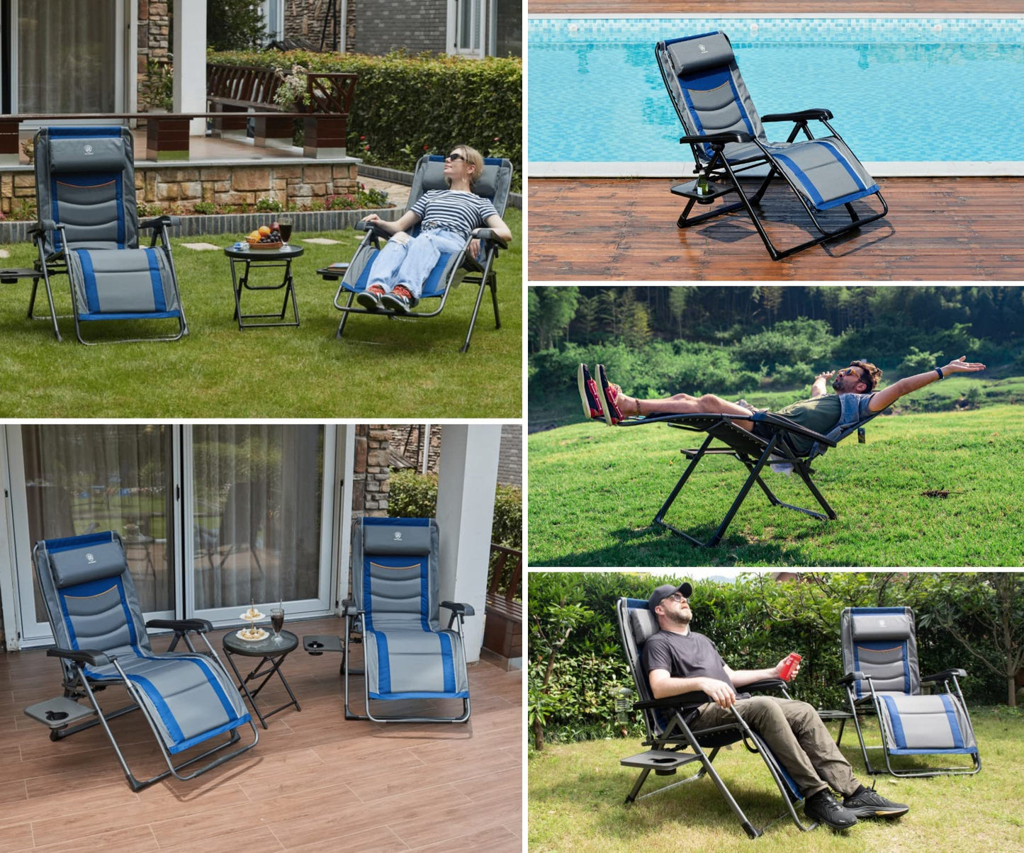 EVER ADVANCED Chaise longue rembourrée inclinable XL Zero Gravity avec appui-tête réglable 350 lb, cadre en aluminium bleu
