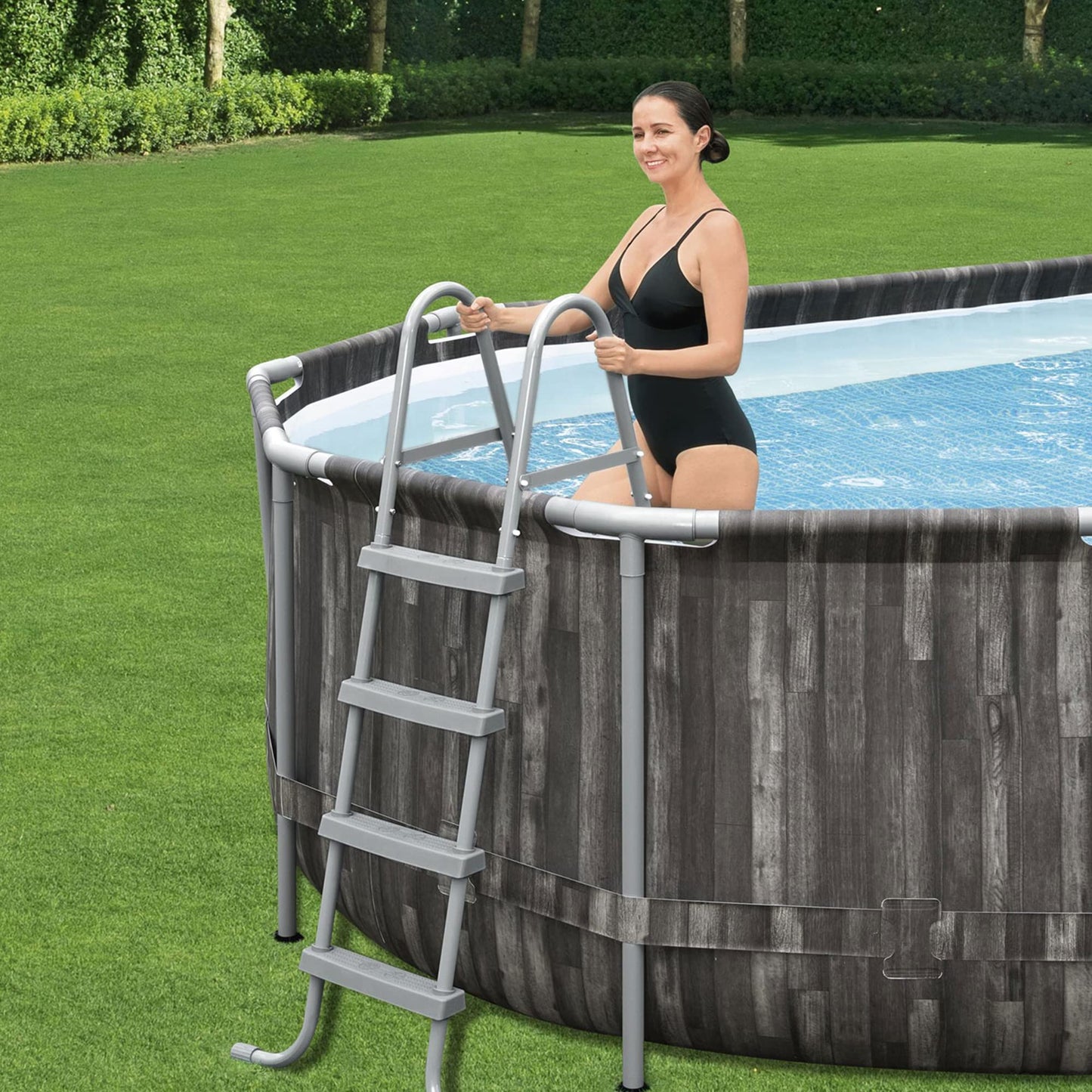 Bestway Power Steel 24' x 12' x 48" Rectangular Metal Frame Above Ground Swimming Pool Set with 2500 GPH Filter Pump, Ladder, and Pool Cover 24' x 12' x 28"