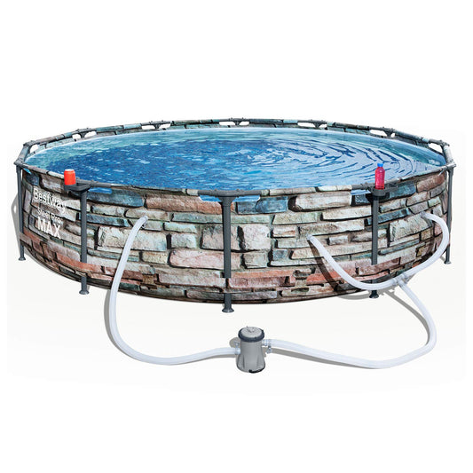 Bestway 56817E 12' x 30" Steel Pro Max Round Steel Frame 5-Person 1,710 Gallon Above Ground Swimming Pool Kit with Filter Pump and Filter, Stone Print 12' x 30" - Stone Print