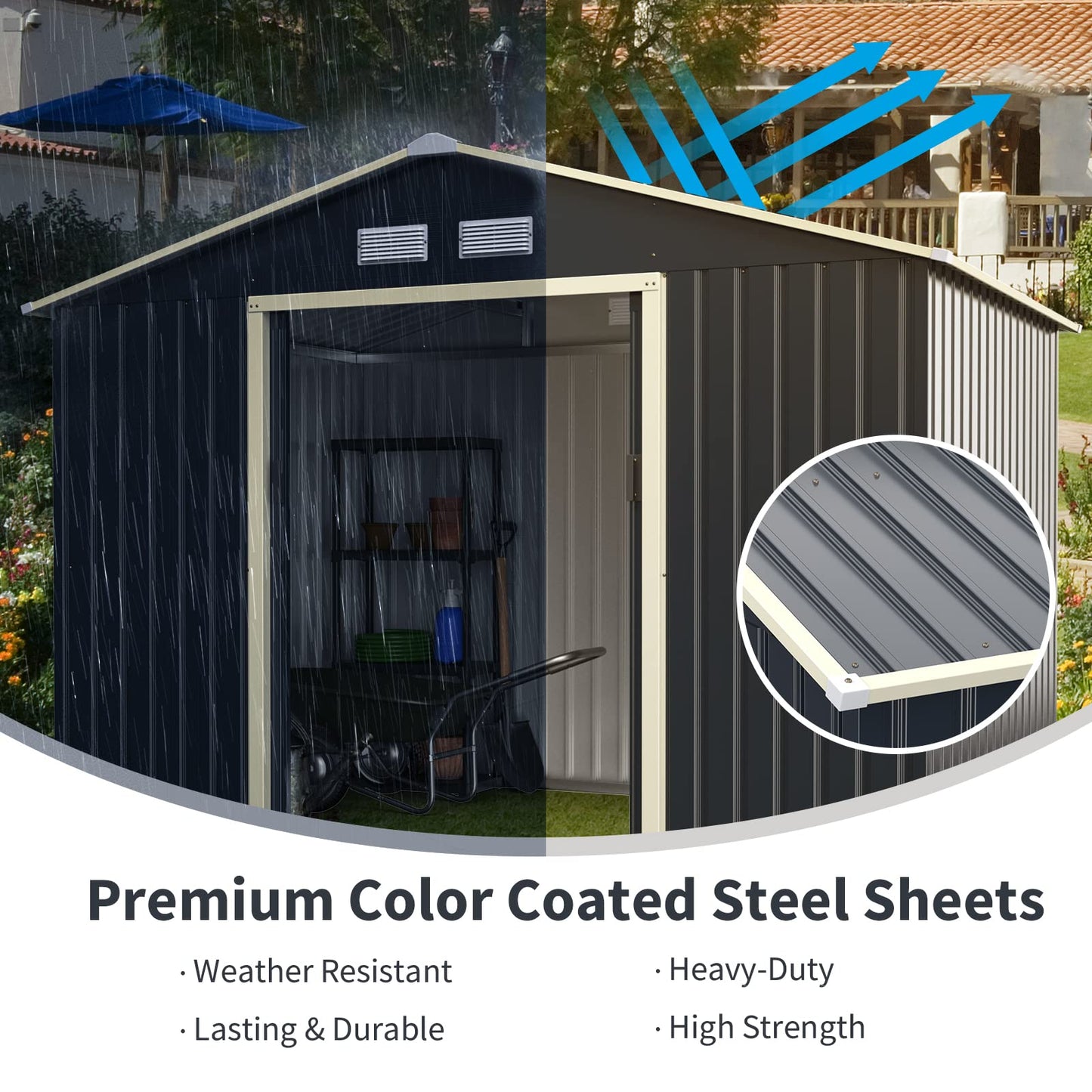 Goplus Outdoor Storage Shed, 9' X 6' Metal Garden Shed with 4 Vents & Double Sliding Door, Utility Tool Shed Storage House for Backyard, Patio, Lawn 9'X6'