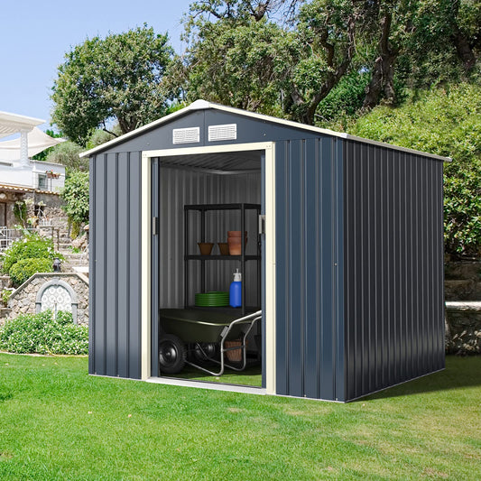 Goplus Outdoor Storage Shed, 7' X 6' Metal Garden Shed with 4 Vents & Double Sliding Door, Utility Tool Shed Storage House for Backyard, Patio, Lawn 7'X6'