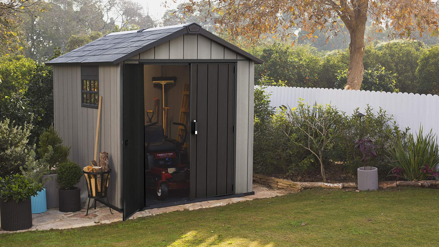 Keter Oakland 7.5x9 Foot Large Resin Outdoor Shed with Customizable Walls for Lawn Mower and Bike Storage, 7.5 x 9, Grey Gray