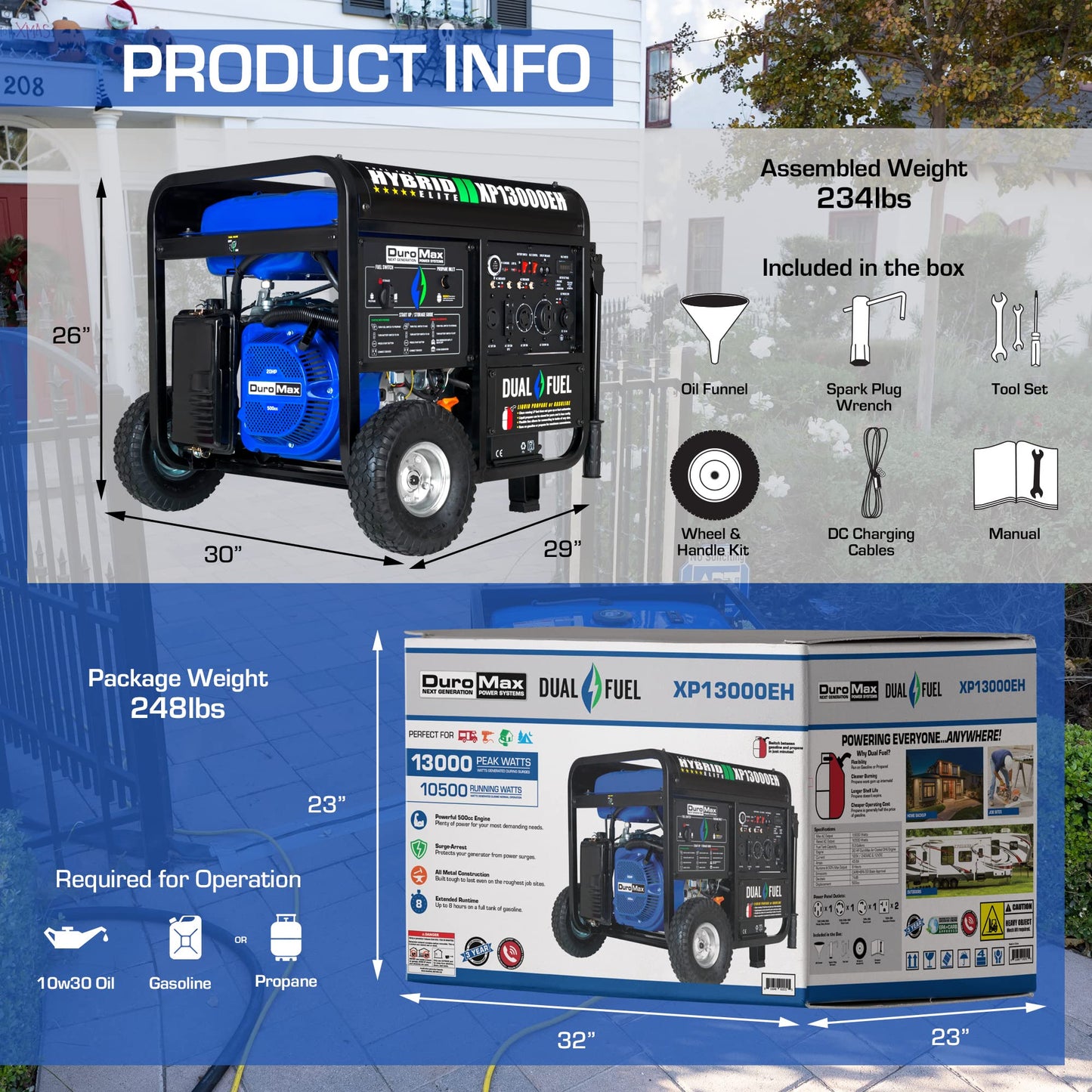 DuroMax XP13000EH Générateur portable bi-carburant 13 000 W alimenté au gaz ou au propane, démarrage électrique, secours à la maison, bleu/gris, 13 000 W double carburant 