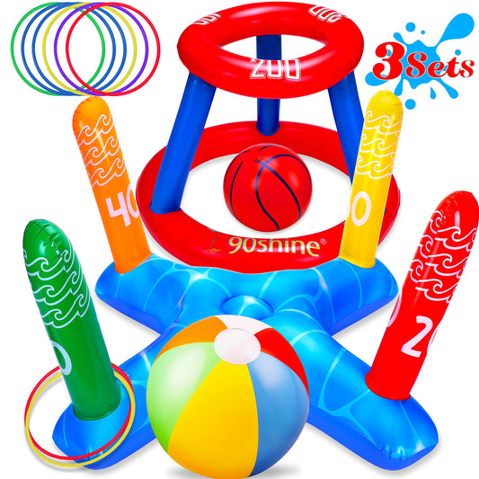 3 ensembles de jouets de piscine pour adultes et famille – Panier de basket flottant et anneau gonflable et ballon de plage pour enfants, accessoires de flotteurs aquatiques amusants