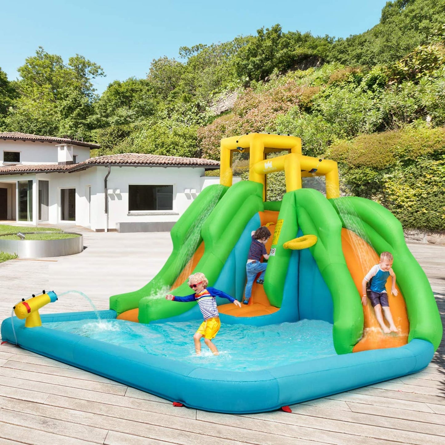 BOUNTECH Inflatable Water Slide, 6 in 1 Giant Waterslide Park for Kids Outdoor Fun with 480W Blower, 2 Slides, Splash Pool, Blow up Water Slides Inflatables for Kids and Adults Backyard Party Gifts With 480W Air Blower