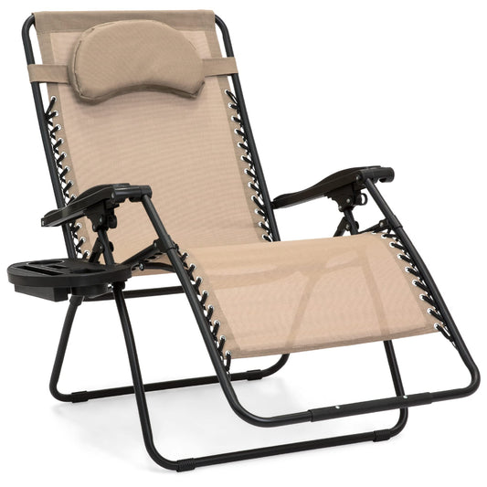 Best Choice Products Chaise Zero Gravity surdimensionnée, fauteuil inclinable de salon de terrasse extérieur pliant avec plateau d'accessoires pour porte-gobelet et oreiller amovible - Tan