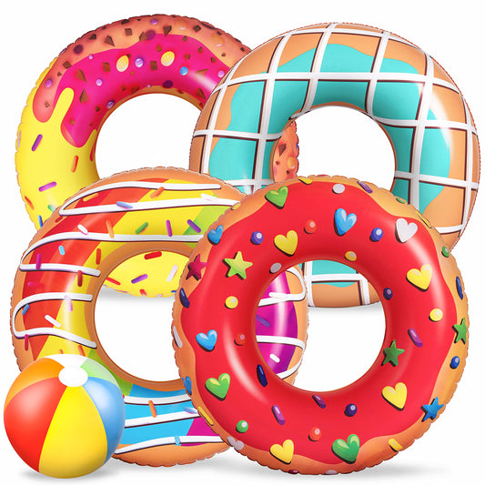 90shine 5PCS Donut Pool Floats Doughnut Swimming Rings with 13.5" Beach Ball- Inflatable Tubes Floaties Toys for Kids Adults