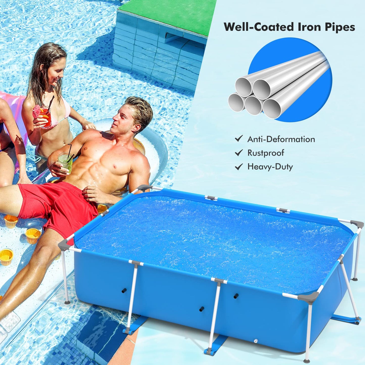 Goplus Frame Swimming Pool, 10ft x 6.7ft x 30in Rectangular Above Ground Pools W/Steel Frame, Pool Cover, Easy Setup & Drainage, Family Pool for Backyard, Garden,Patio, Balcony (Blue) Blue