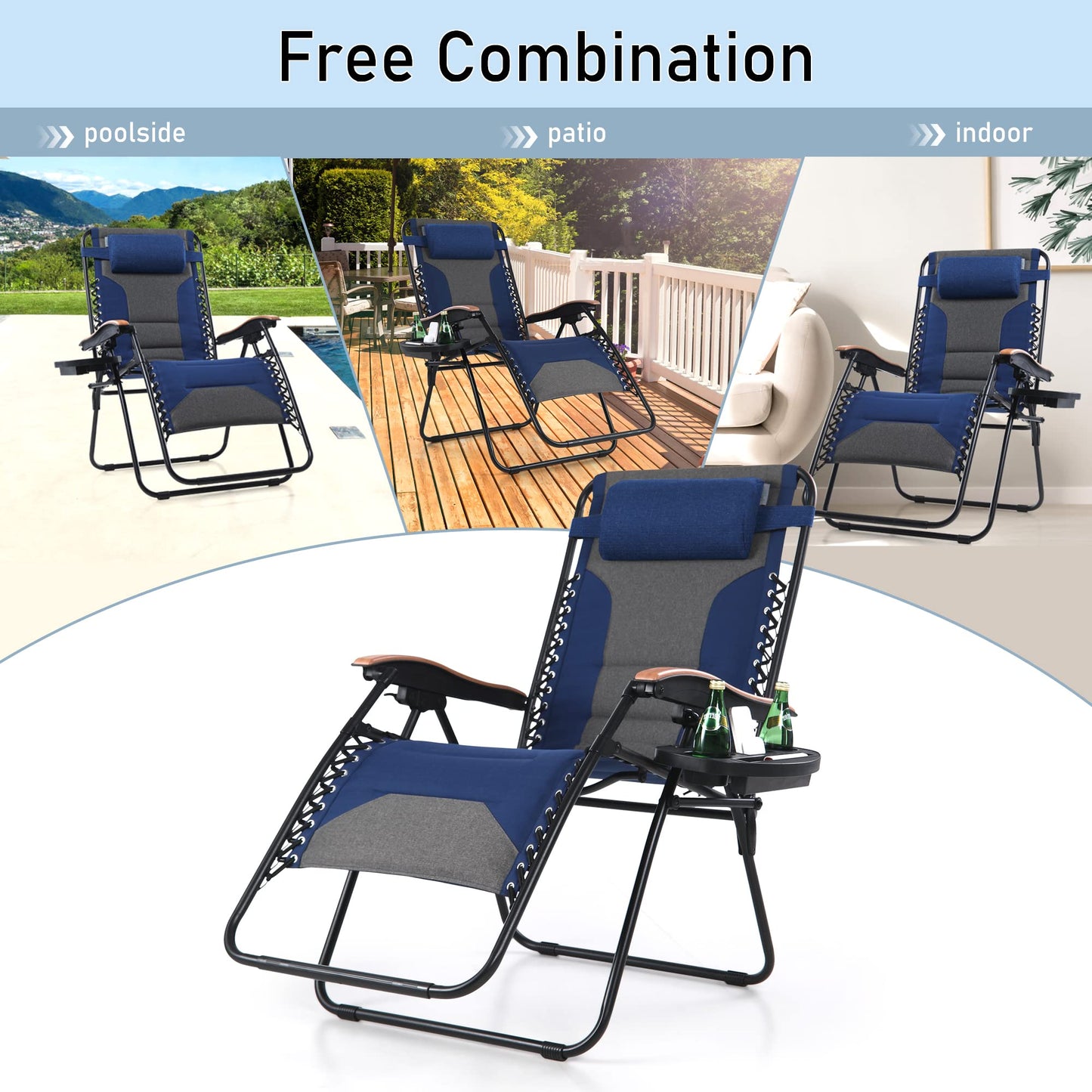 PHI VILLA Oversize XL Rembourré Zero Gravity Lounge Chair Family Lovers Pack avec large accoudoir inclinable pliable, Lot de 2, Support 400 LBS (Bleu) Pouce Bleu-surdimensionné 2-Pack