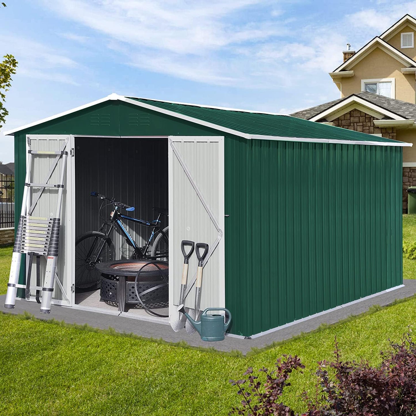 EMKK 8' x 6' Outdoor Storage Shed with Double Lockable Doors, Anti-Corrosion Metal Garden Shed with Base Frame, Waterproof Shed Outdoor Storage Clearance for Backyard Patio Lawn C-Green 8 x 6 FT Storage Sheds