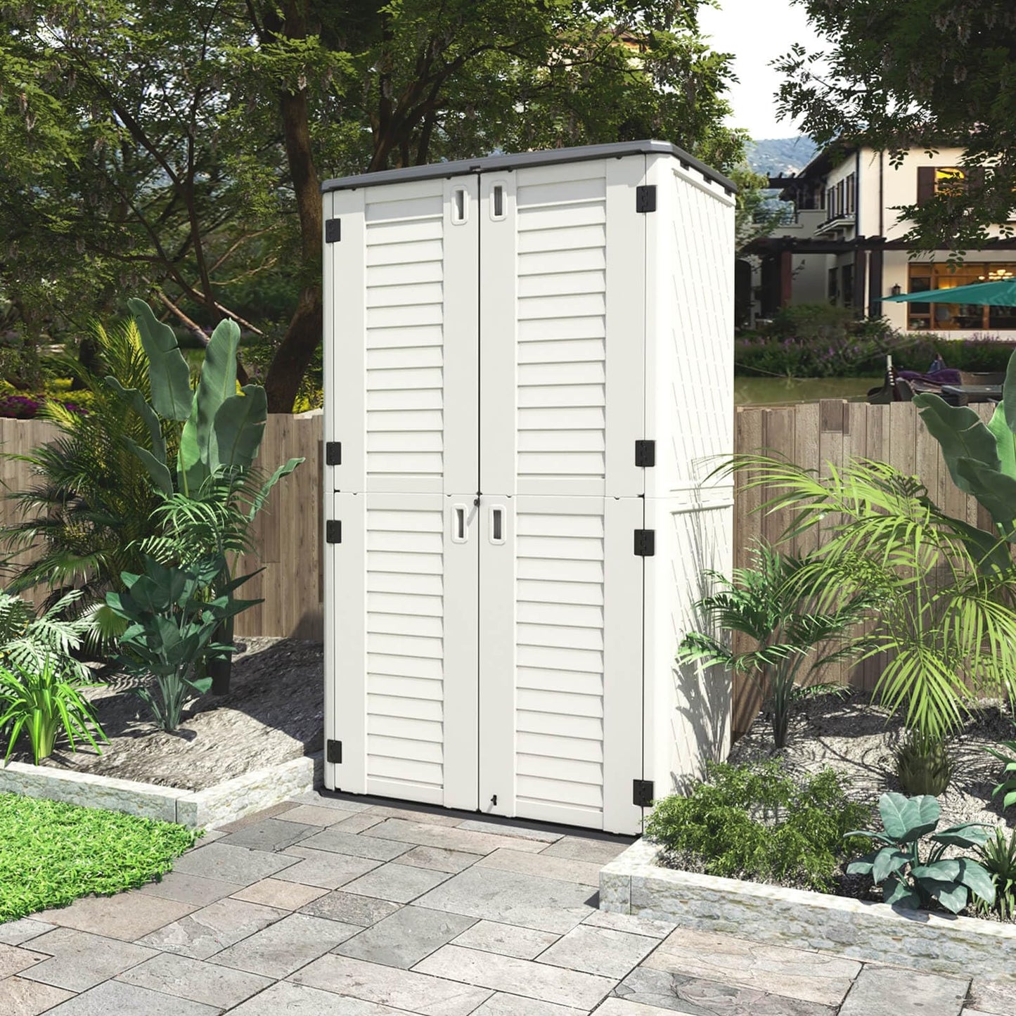 HOMSPARK Vertical Storage Shed Weather Resistance, Double-Layer Outdoor Storage Cabinet Multi-Purpose for Backyards and Patios Accessories, (50 in. L x 29 in. W x 82 in. H, 52 Cubic Feet) Grey roof,Cream white wall,Black floor