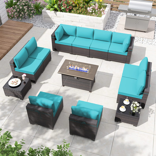 ALAULM Ensemble de meubles de patio 13 pièces avec table de foyer et canapé sectionnel d'extérieur - Bleu 