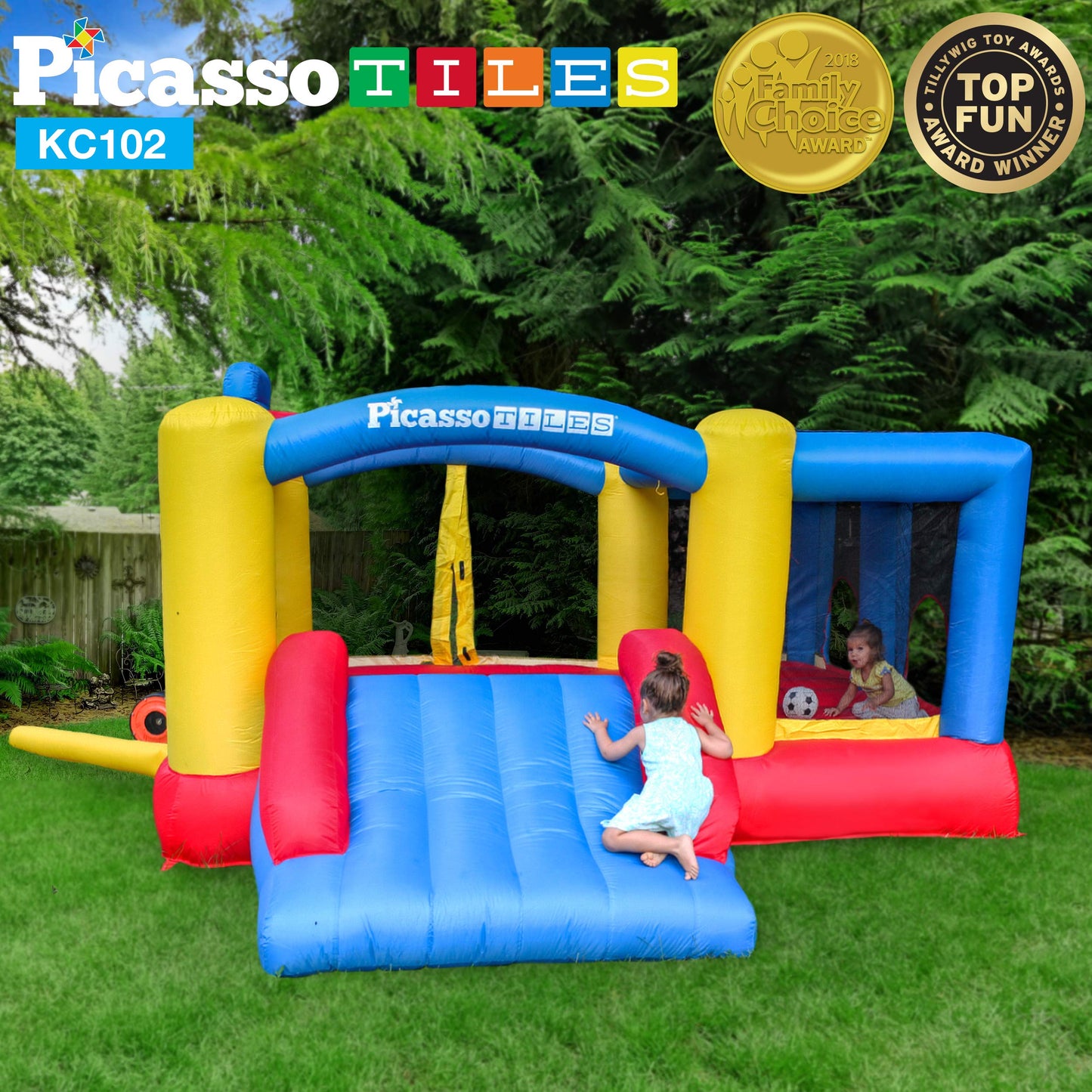 [Version de mise à niveau] Picasso Toys KC102 12 x 10 pieds Gonflable Bouncer Jumping Bouncer House, Jump Slide, Dunk Playhouse w/ Basketball Rim, 4 Sports Balls, Full-Size Entry, 580W ETL Certified Blower Bounce House102