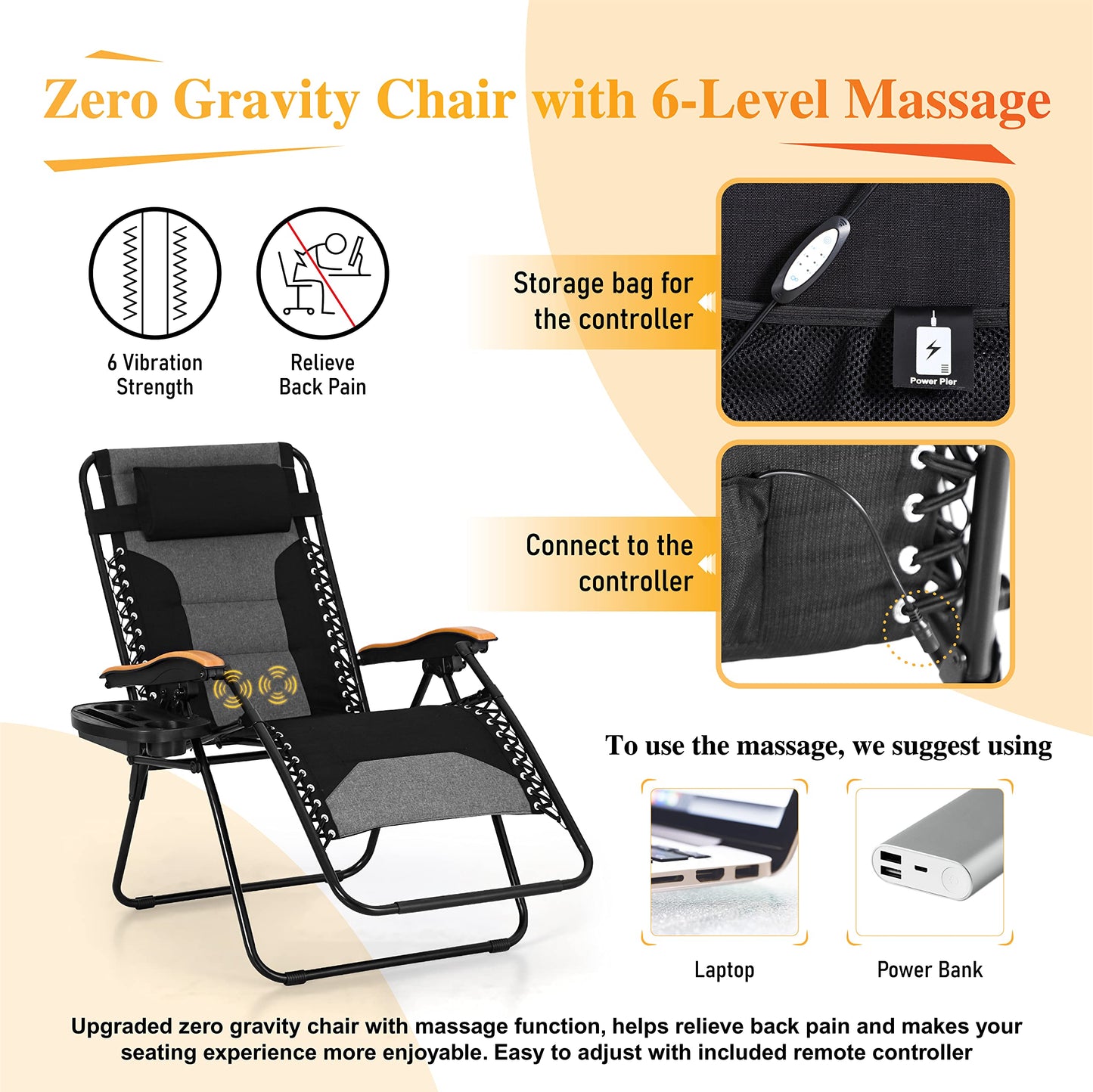 Sophia & William XL Zero Gravity Chair with Massage (2 Pack), Oversize Gravity Recliner Lounge Chair with Free Cup Holder, Supports 400 LBS (Black) 2 Pack Black-massage