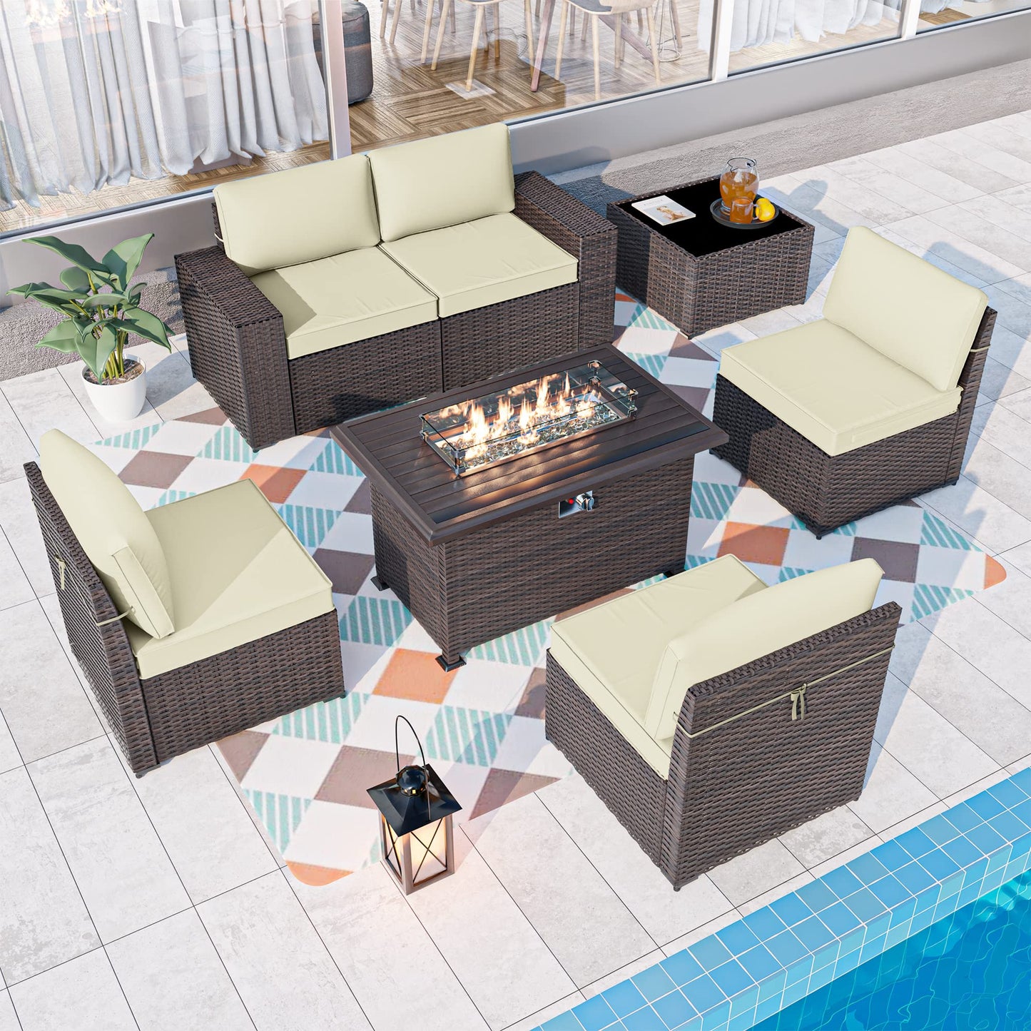 ALAULM Ensemble de meubles de patio extérieur 7 pièces avec foyer au propane, ensemble de canapés sectionnels de patio - Crème 