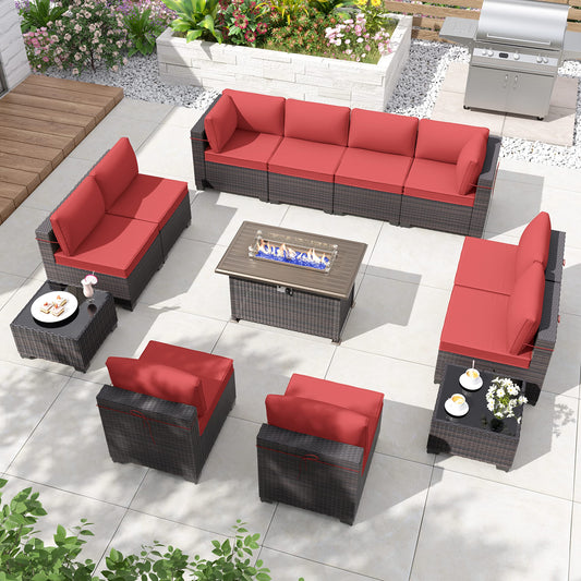 ALAULM Ensemble de meubles de patio 13 pièces avec table de foyer et canapé sectionnel d'extérieur - Rouge 