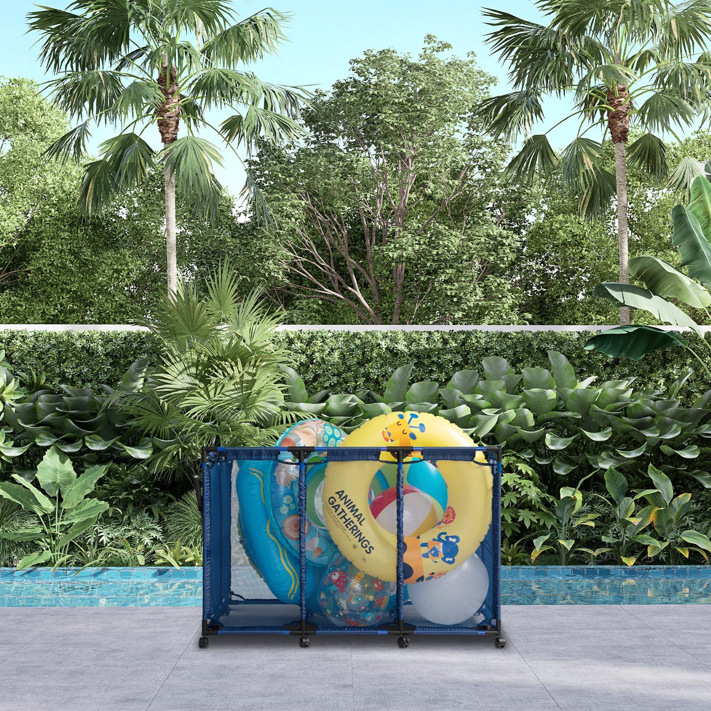 ALIMORDEN Poubelle de rangement pour piscine, balle et jouet en maille, bleu (50"x31"x34") L