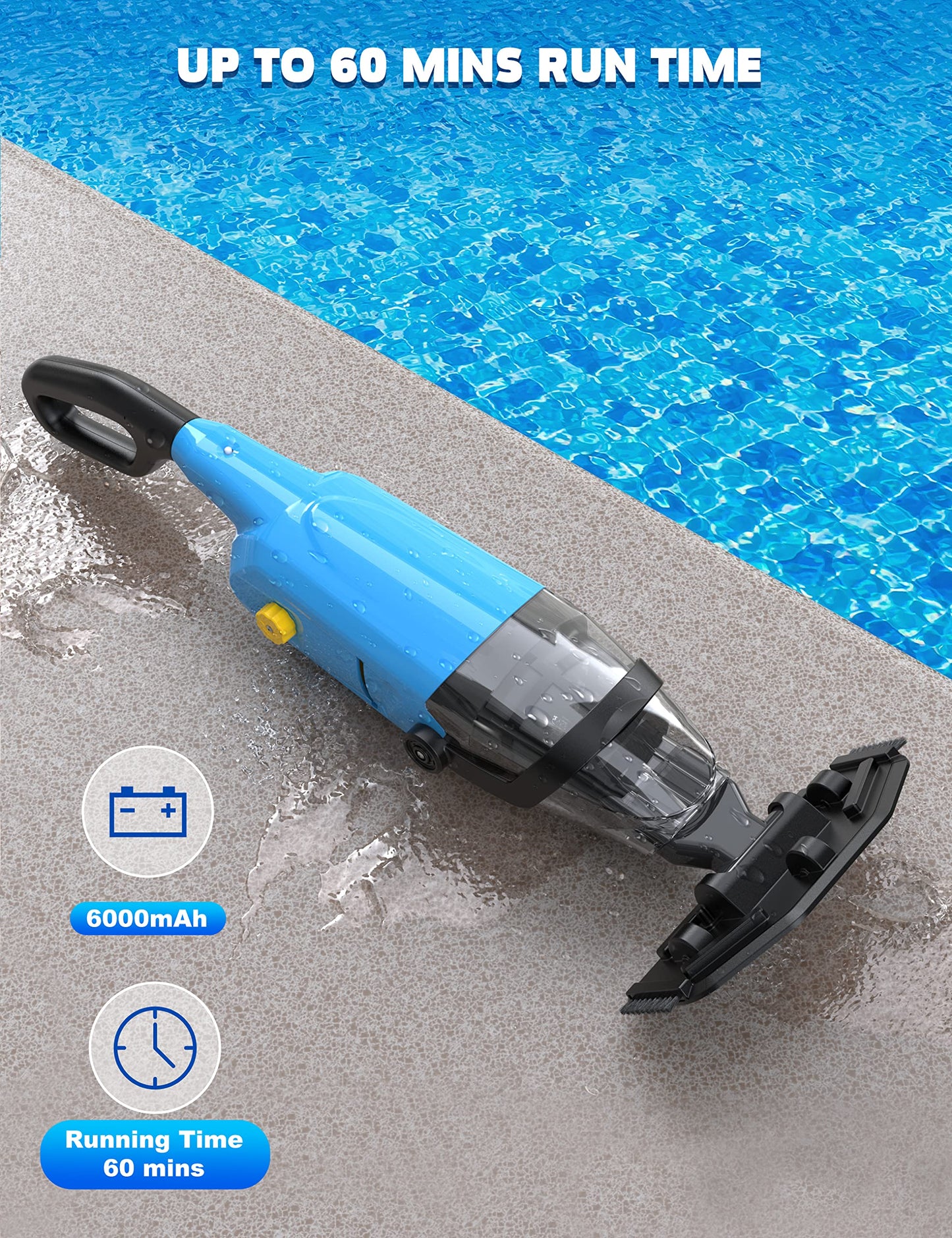 Aspirateur de piscine portatif Efurden, nettoyeur de piscine rechargeable avec durée de fonctionnement jusqu'à 60 minutes, idéal pour les piscines hors sol, les spas et les bains à remous pour le sable et les débris, bleu