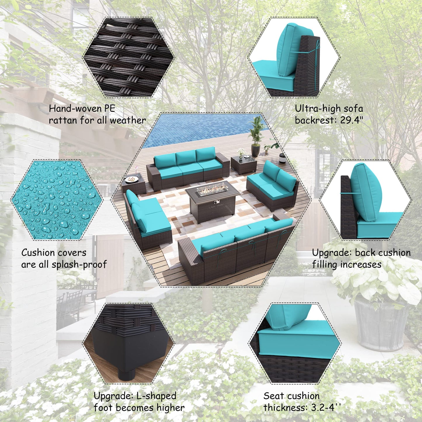 ALAULM Ensemble de meubles de patio extérieur 13 pièces avec table de foyer au propane et ensembles de canapés sectionnels d'extérieur 