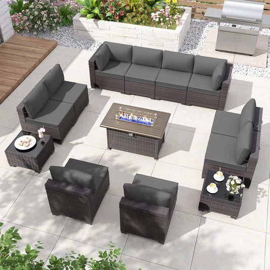 ALAULM 13 Pieces Patio Furniture Set with Fire Pit Table Outdoor Sectional Sofa Sets Outdoor Furniture - Grey