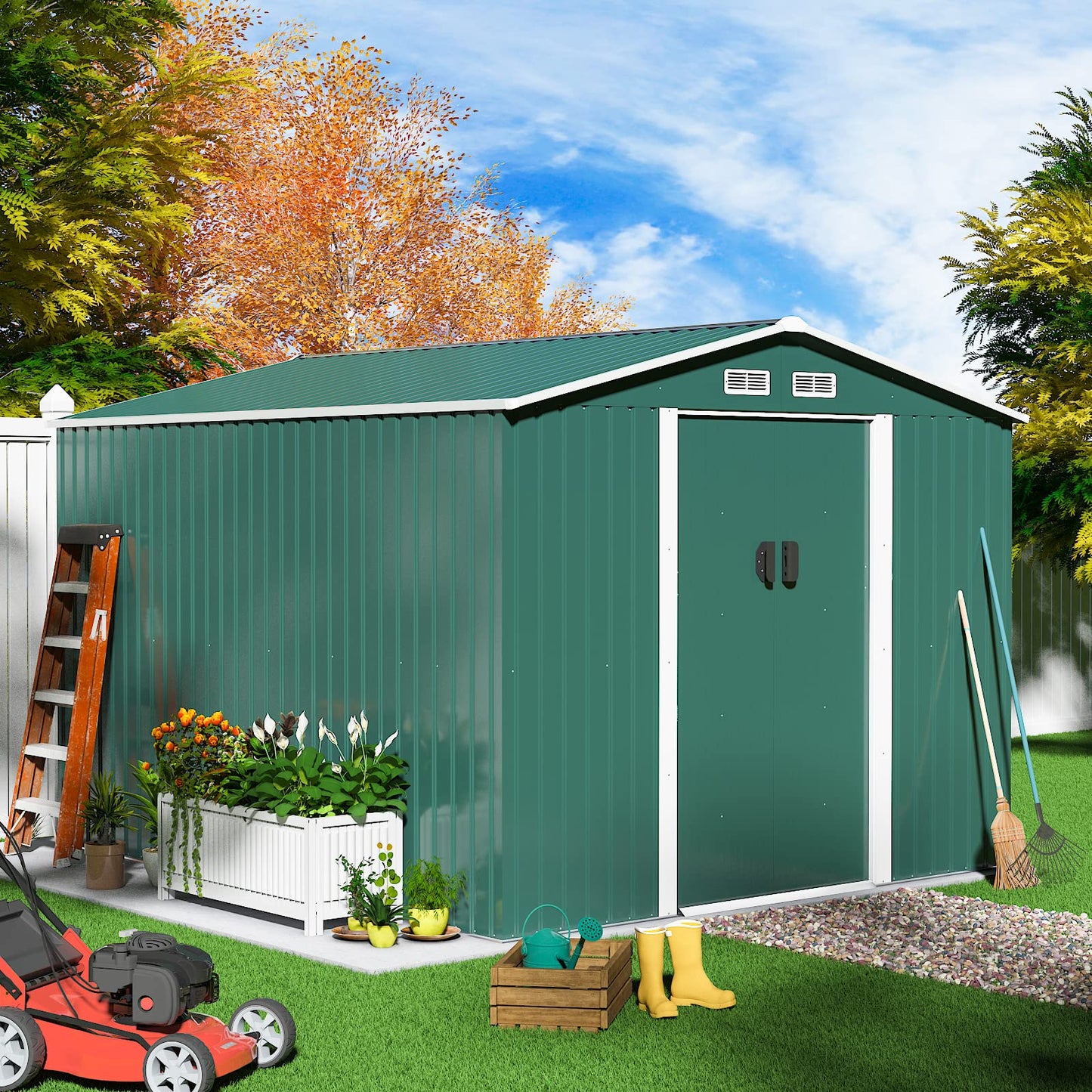 HOGYME 10.5' x 9.1' Storage Shed Large Metal Shed, Sheds &Outdoor Storage Clearance Suitable for Garden Tool Bike Lawn Mower Ladder, Utility Tool House w/ Lockable/Sliding Door, 4 Vents, Green