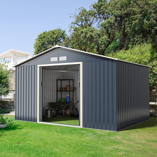 Goplus Outdoor Storage Shed, 11' X 8' Metal Garden Shed with 4 Vents & Double Sliding Door, Utility Tool Shed Storage House for Backyard, Patio, Lawn 11'X8'