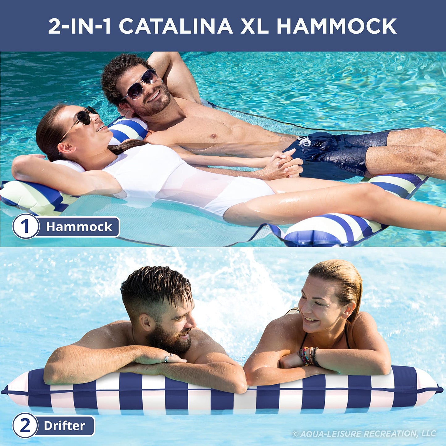 Aqua Original 4-in-1 Monterey Hammock Pool Float & Water Hammock – Multi-Purpose, Inflatable Pool Floats for Adults – Patented Thick, Non-Stick PVC Material Navy 1-2 Person Xl Hammock