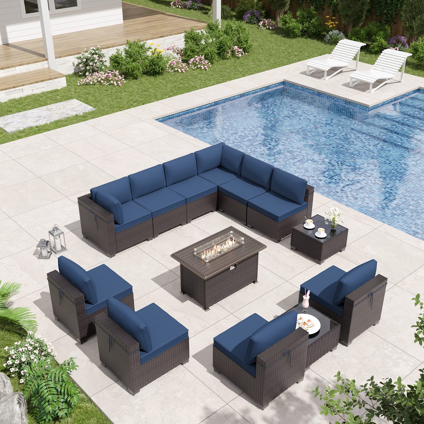 ALAULM Ensemble de meubles de patio 13 pièces avec table de foyer et canapé sectionnel d'extérieur - Bleu foncé 