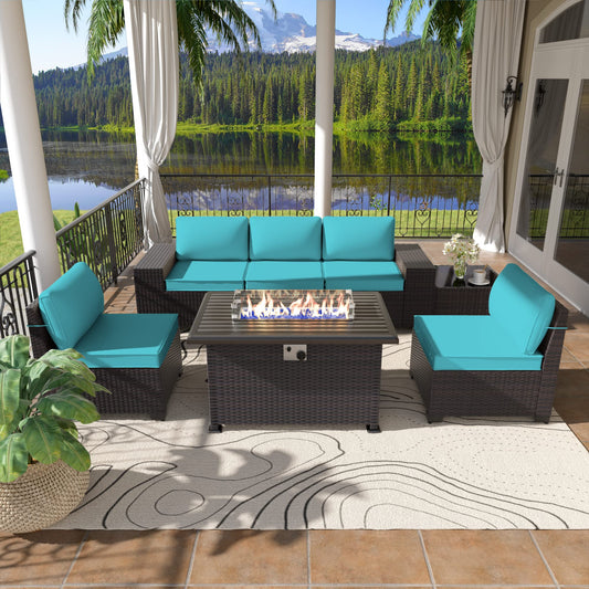 ALAULM 7 Pieces Outdoor Patio Furniture Set with Propane Fire Pit Table Patio Sectional Sofa Sets - Blue