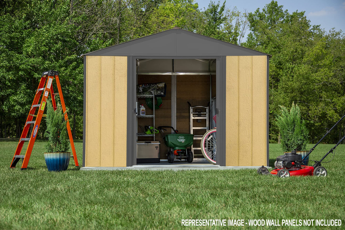 Arrow Shed 8' x 8' Ironwood Galvanized Steel and Wood Panel Hybrid Outdoor Shed Kit, Anthracite 8' x 8'