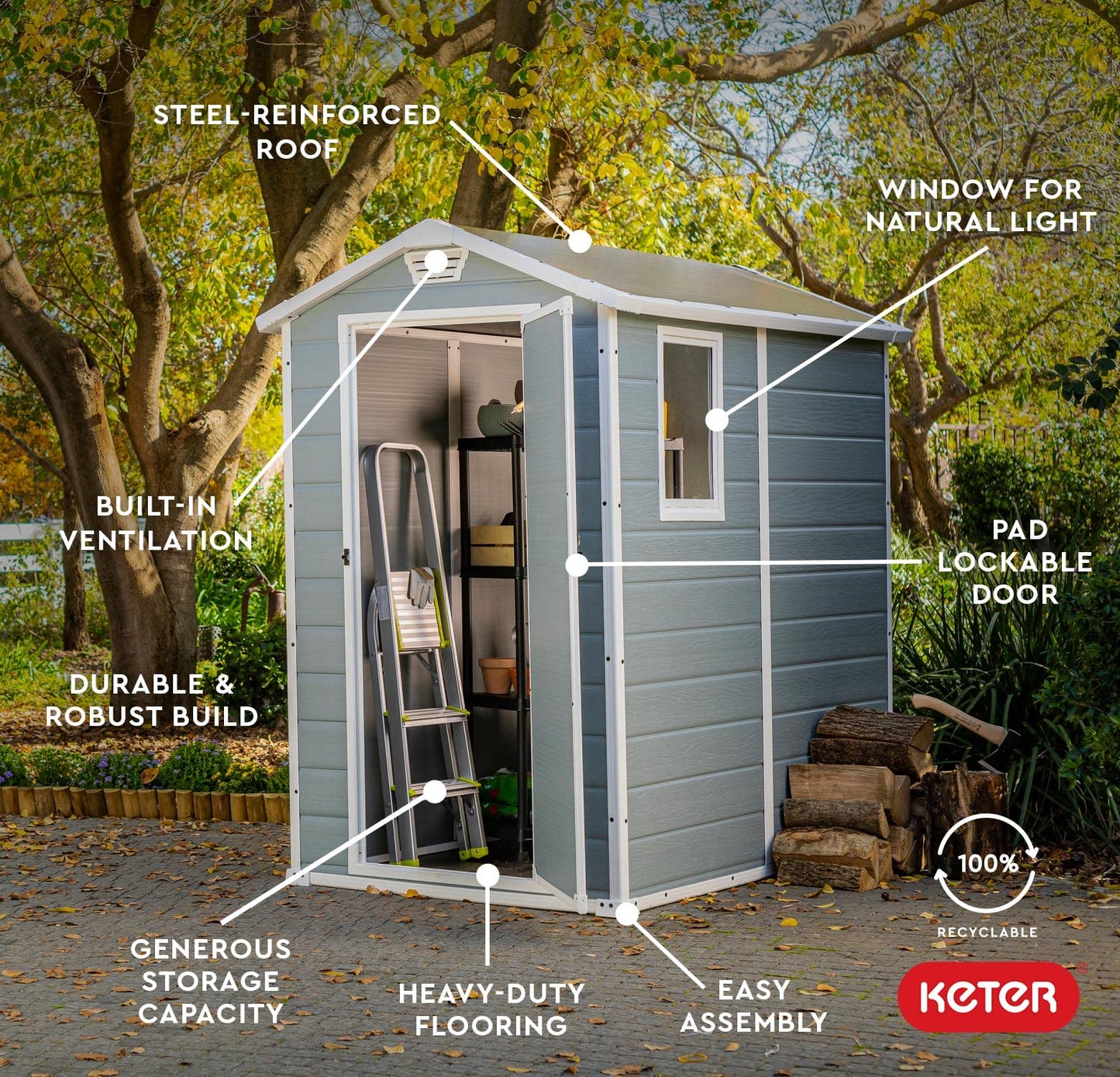 Keter Manor 4x6 Resin Outdoor Storage Shed Kit-Perfect to Store Patio Furniture, Garden Tools Bike Accessories, Beach Chairs and Lawn Mower, Grey & White