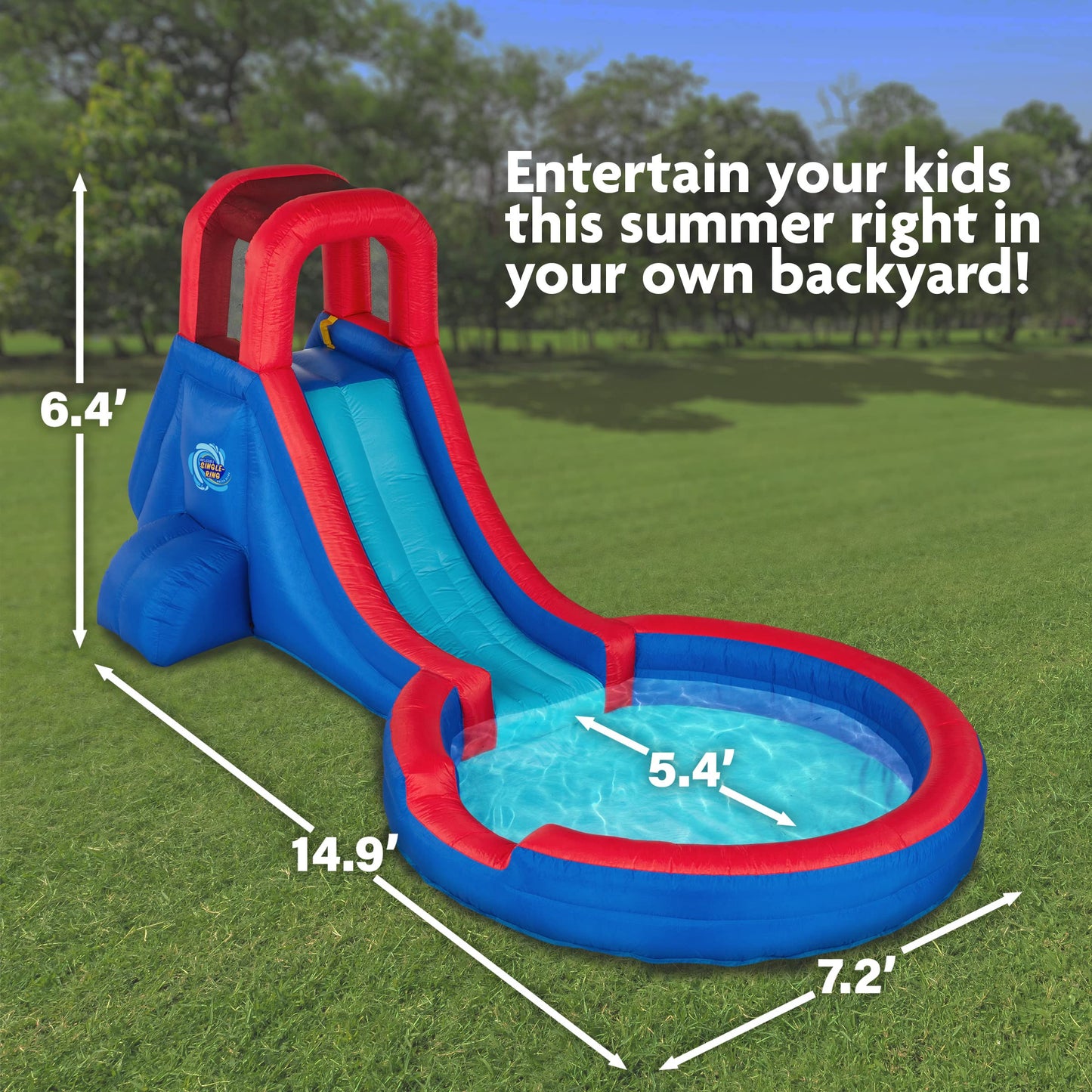 Sunny & Fun Inflatable Single Ring Water Slide Park – Heavy-Duty for Outdoor Fun - Climbing Wall, Slide & Deep Pool – Easy to Set Up & Inflate with Included Air Pump & Carrying Case Blue/Red