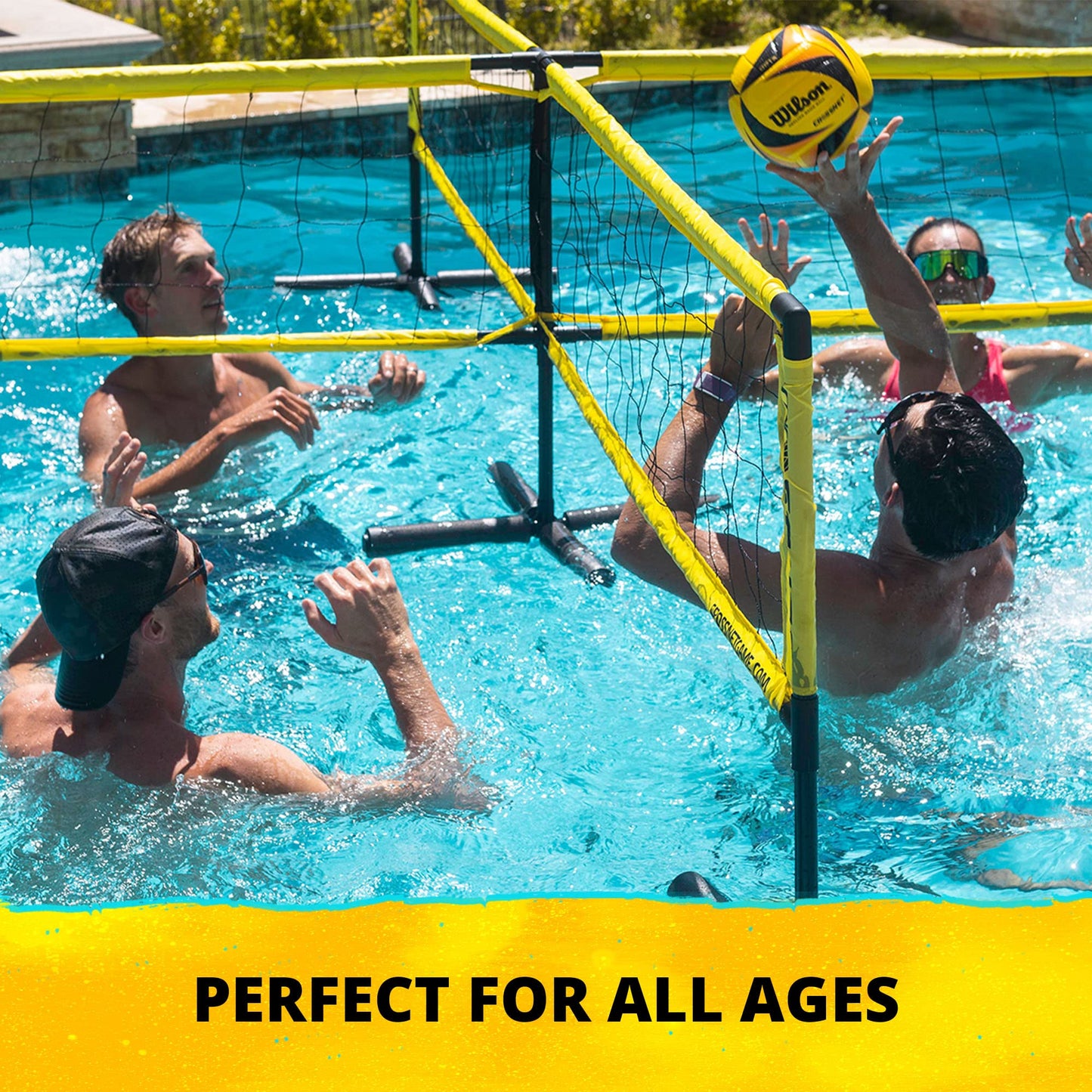CROSSNET H2O Jeu de volley-ball pour adultes et famille – Jeu de piscine à quatre filets carrés – Assemblage rapide et portable – Ensemble de volley-ball pour piscines creusées – Jouets de piscine parfaits pour tous les âges avec accessoires