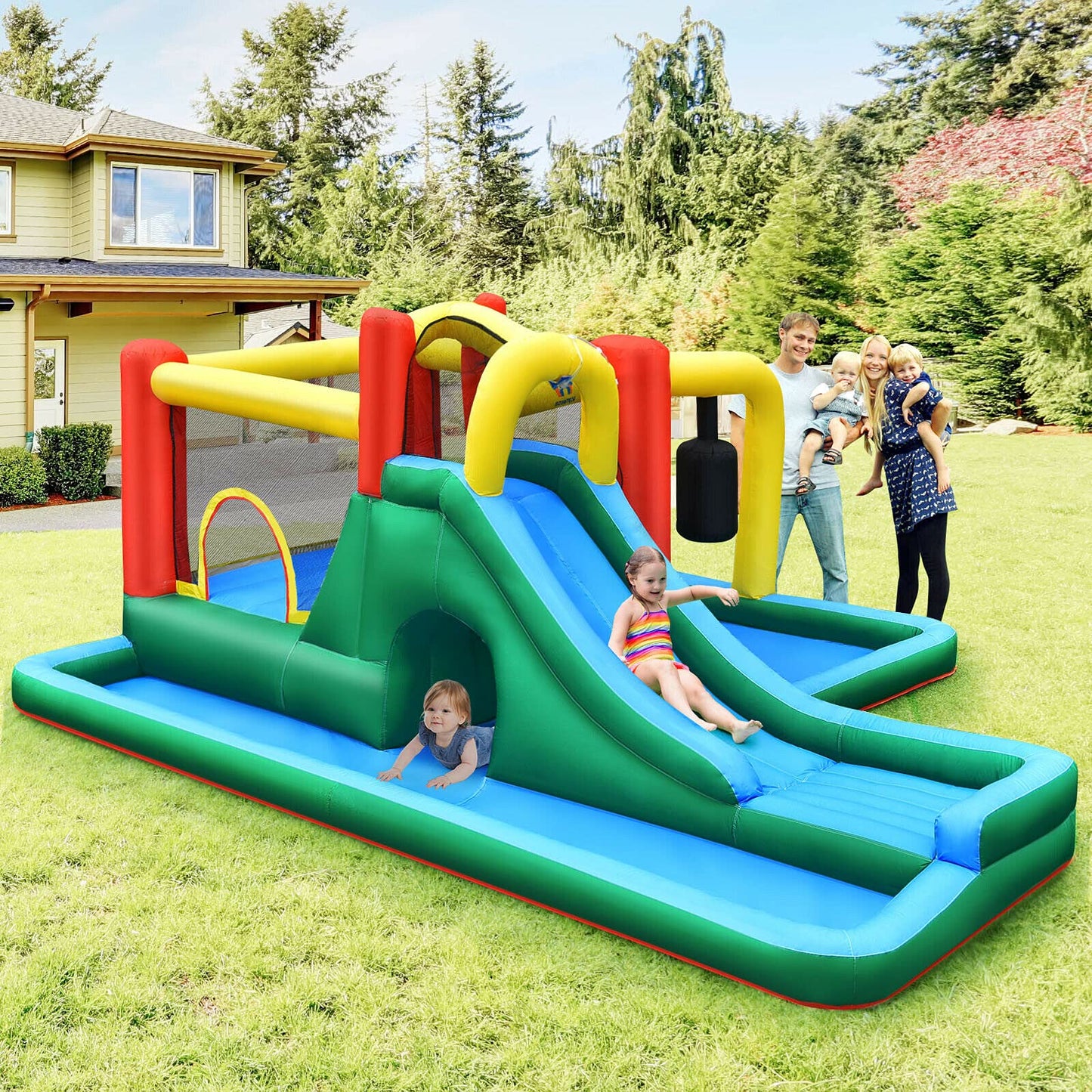 BOUNTECH Inflatable Water Slide, Water Bounce House Combo for Kids Outdoor Fun with Splash Pool, Climbing Wall, Water Park, Blow up Waterslides Inflatables for Kids and Adults Backyard Party Gifts Without Blower