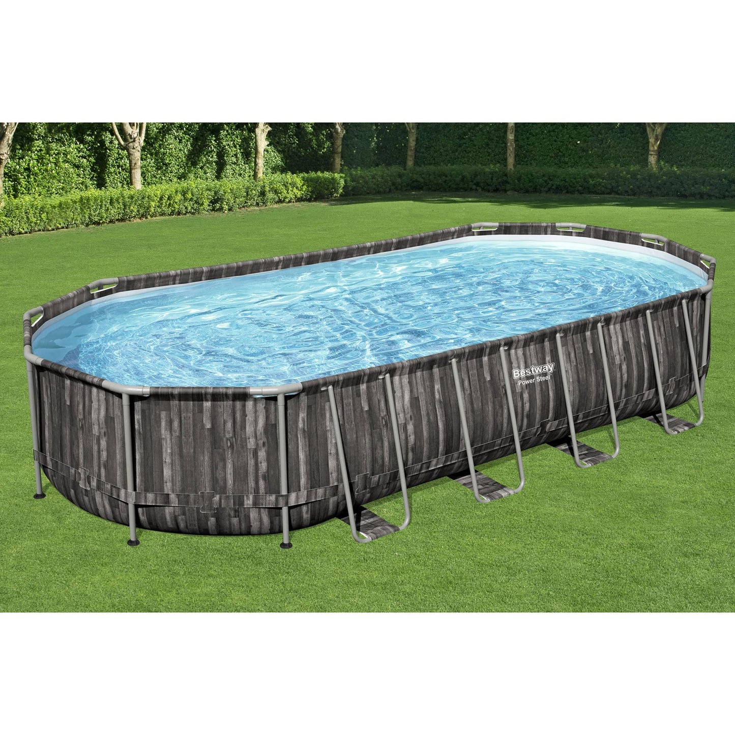 Bestway Power Steel 24' x 12' x 48" Ensemble de piscine hors sol rectangulaire à cadre métallique avec pompe de filtration 2500 GPH, échelle et couverture de piscine 24' x 12' x 28"