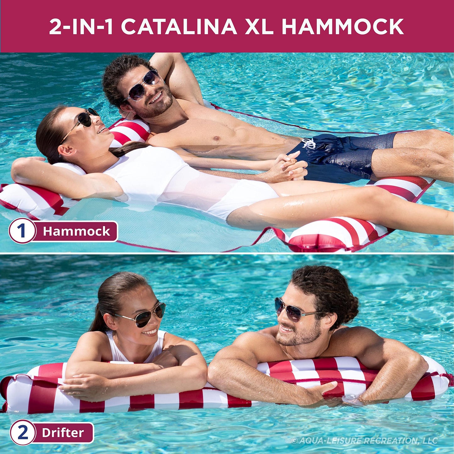 Aqua Original 4-in-1 Monterey Hammock Pool Float & Water Hammock – Multi-Purpose, Inflatable Pool Floats for Adults – Patented Thick, Non-Stick PVC Material Burgundy – 1-2 Person Xl Hammock