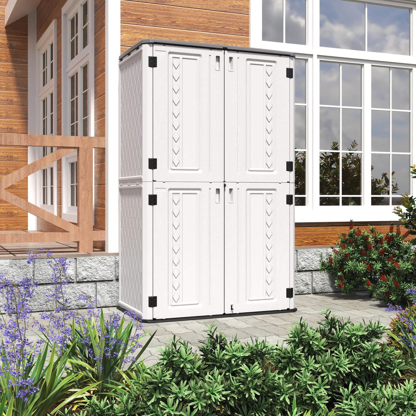 HOMSPARK Outdoor Storage Shed, 53 Cu.ft Outdoor Storage Cabinet with Lockable Doors, Double Layer Resin Vertical Storage shed for Garden, Patio, Backyard, 4×2.5×6.6 FT Grey roof,white wall,Black floor