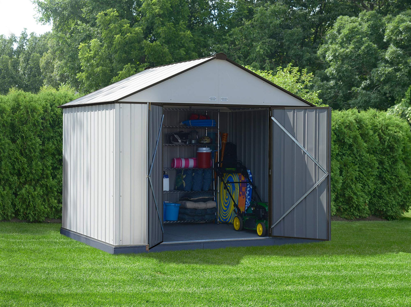 Arrow 10' x 8' EZEE Shed Cream with Charcoal Trim Extra High Gable Steel Storage Shed Cream/Charcoal Trim