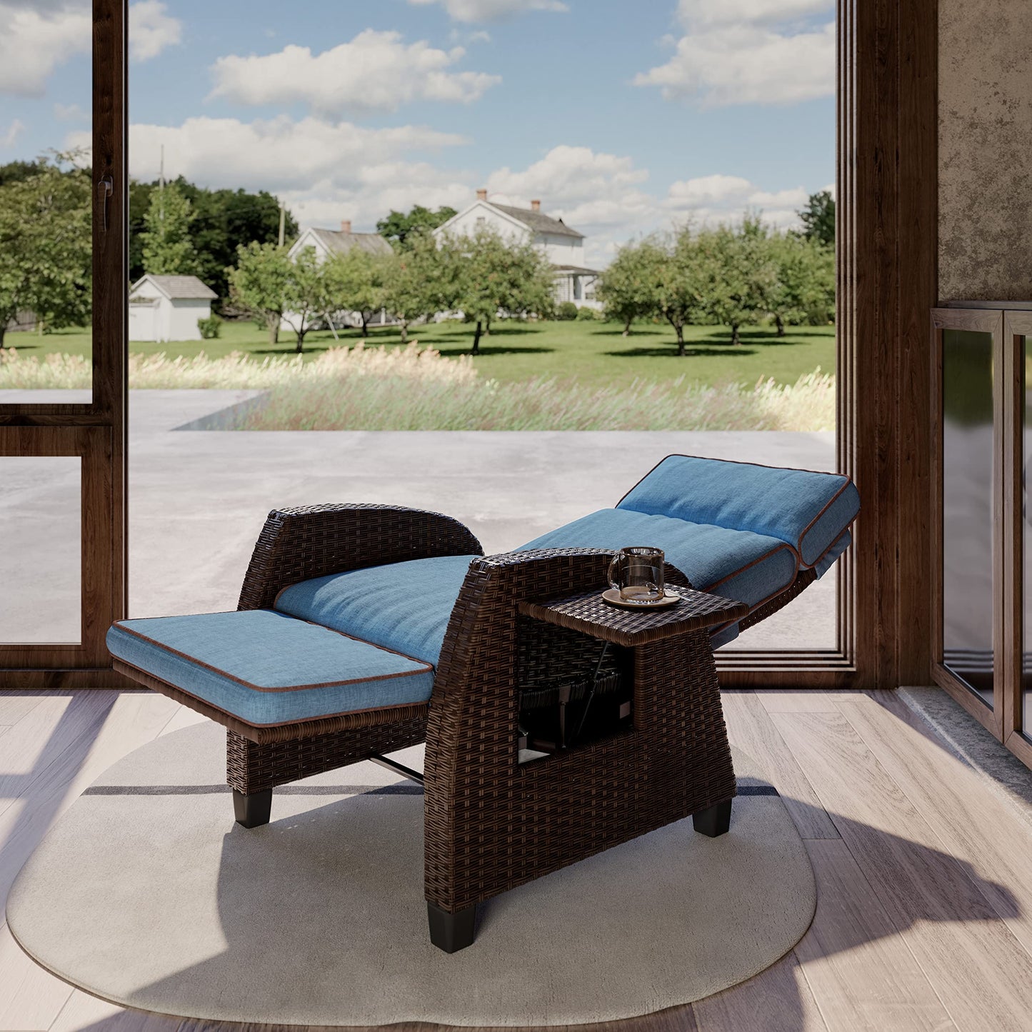Grand patio intérieur et extérieur Moor inclinable PE en osier avec table rabattable Push Back chaise longue inclinable, bleu paon 1 PCS