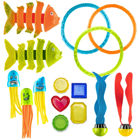 PREXTEX Lot de 15 jouets de plongée en piscine avec sac de transport pour les plaisirs d'été des enfants – Jouets de plongée coulant pour la natation en piscine sous-marine