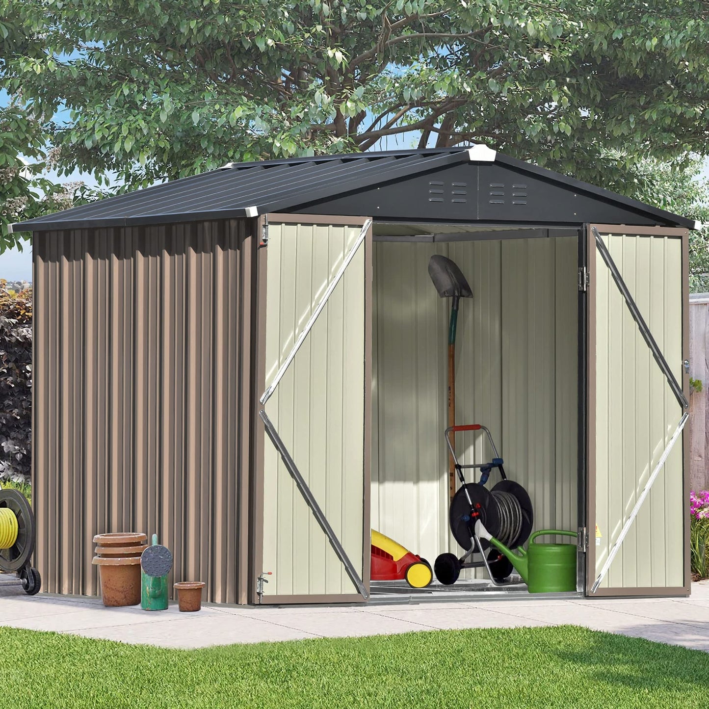 DHPM 8x6 FT Bike Shed Garden Shed, Metal Storage Shed with Lockable Door, Tool Cabinet with Vents and Foundation for Backyard, Lawn, Garden Brown