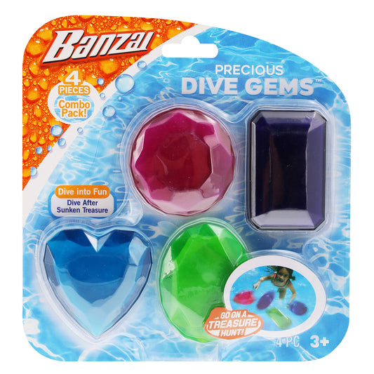 BANZAI Lot de 4 pierres précieuses de plongée, jouet de plongée pour l'eau, jouet de plongée en piscine lumineux